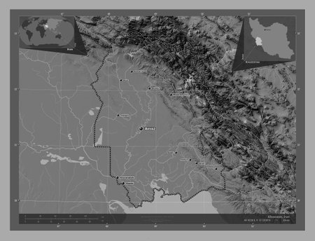 Khuzestan, province of Iran. Bilevel elevation map with lakes and rivers. Locations and names of major cities of the region. Corner auxiliary location mapsの写真素材