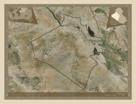 Al-Anbar, province of Iraq. High resolution satellite map. Locations and names of major cities of the region. Corner auxiliary location mapsの写真素材