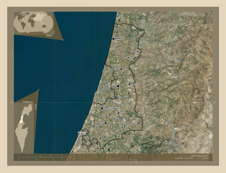 HaMerkaz, district of Israel. High resolution satellite map. Locations and names of major cities of...