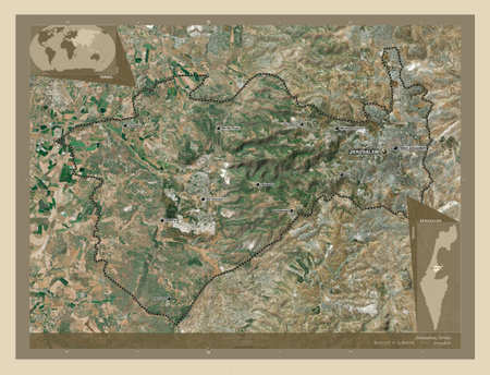Jerusalem, district of Israel. High resolution satellite map. Locations and names of major cities of...