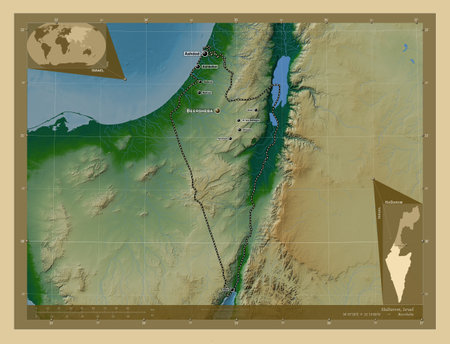 HaDarom, district of Israel. Colored elevation map with lakes and rivers. Locations and names of major cities of the region. Corner auxiliary location mapsの写真素材