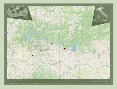 Lombardia, region of Italy. Open Street Map. Locations and names of major cities of the region....