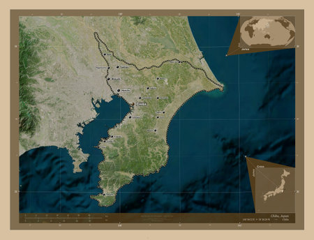 Chiba, prefecture of Japan. Low resolution satellite map. Locations and names of major cities of the...