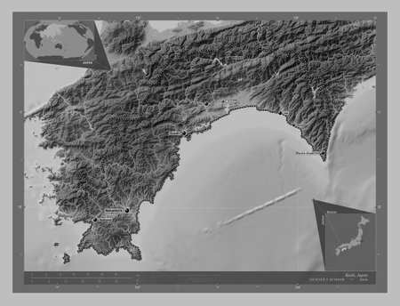 Kochi, prefecture of Japan. Grayscale elevation map with lakes and rivers. Locations and names of major cities of the region. Corner auxiliary location mapsの写真素材