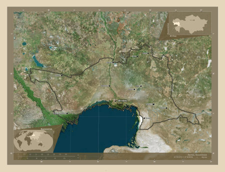 Atyrau, region of Kazakhstan. High resolution satellite map. Locations and names of major cities of...