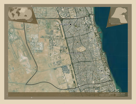 Mubarak Al-Kabeer, province of Kuwait. High resolution satellite map. Locations and names of major cities of the region. Corner auxiliary location mapsの写真素材