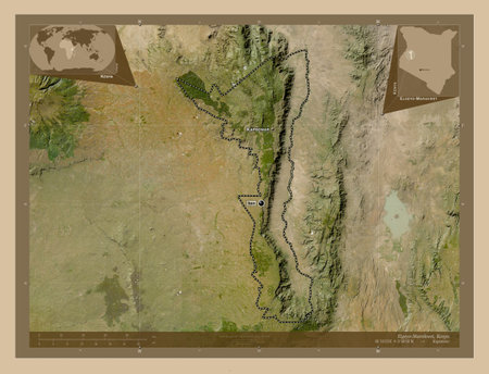 Elgeyo-Marakwet, county of Kenya. Low resolution satellite map. Locations and names of major cities of the region. Corner auxiliary location mapsの写真素材