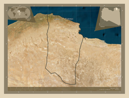 Darnah, district of Libya. High resolution satellite map. Locations and names of major cities of the region. Corner auxiliary location mapsの写真素材