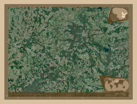 Vilniaus, county of Lithuania. Low resolution satellite map. Locations and names of major cities of...