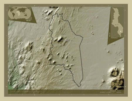 Chiradzulu, district of Malawi. Elevation map colored in wiki style with lakes and rivers. Locations and names of major cities of the region. Corner auxiliary location mapsの写真素材