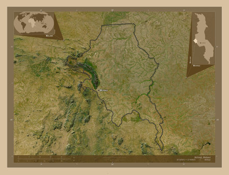 Mchinji, district of Malawi. Low resolution satellite map. Locations and names of major cities of the region. Corner auxiliary location mapsの写真素材