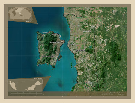 Pulau Pinang, state of Malaysia. High resolution satellite map. Locations and names of major cities...