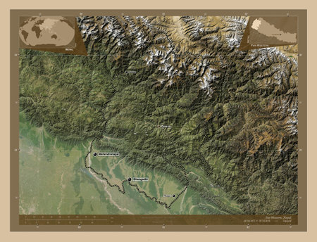 Far-Western, development region of Nepal. Low resolution satellite map. Locations and names of major cities of the region. Corner auxiliary location mapsの写真素材