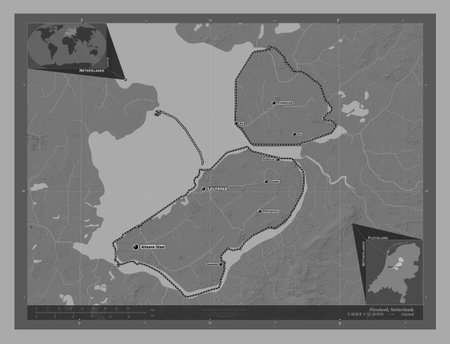Flevoland, province of Netherlands. Bilevel elevation map with lakes and rivers. Locations and names...