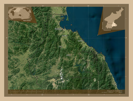 Kangwon-do, province of North Korea. Low resolution satellite map. Locations and names of major cities of the region. Corner auxiliary location mapsの写真素材