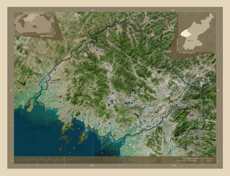 P'yongan-bukto, province of North Korea. High resolution satellite map. Locations and names of major...