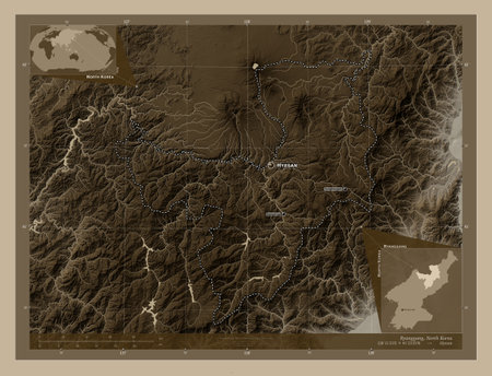 Ryanggang, province of North Korea. Elevation map colored in sepia tones with lakes and rivers. Locations and names of major cities of the region. Corner auxiliary location mapsの写真素材