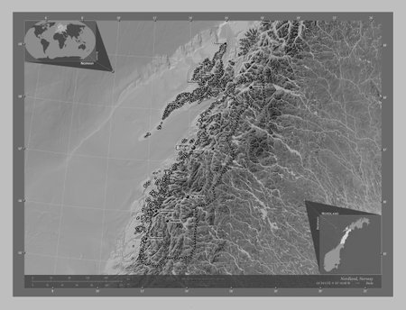 Nordland, county of Norway. Grayscale elevation map with lakes and rivers. Locations and names of major cities of the region. Corner auxiliary location mapsの写真素材