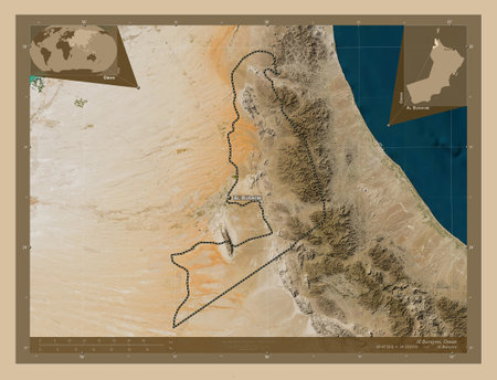 Al Buraymi, region of Oman. Low resolution satellite map. Locations and names of major cities of the region. Corner auxiliary location mapsの写真素材