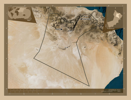 Ad Dakhliyah, region of Oman. Low resolution satellite map. Locations and names of major cities of the region. Corner auxiliary location mapsの写真素材