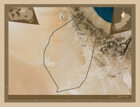 Al Dhahira, region of Oman. Low resolution satellite map. Locations and names of major cities of the region. Corner auxiliary location mapsの写真素材