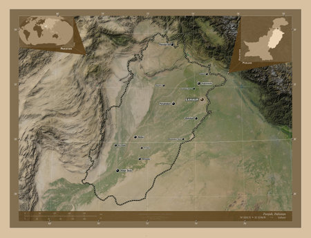 Punjab, province of Pakistan. Low resolution satellite maps. Locations and names of major cities of the region. Corner auxiliary location mapsの写真素材