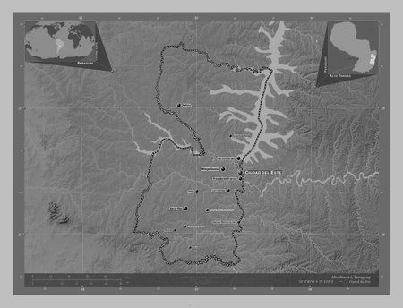 Alto Parana, department of Paraguay. Gray-scale elevation map with lakes and rivers. Locations and...