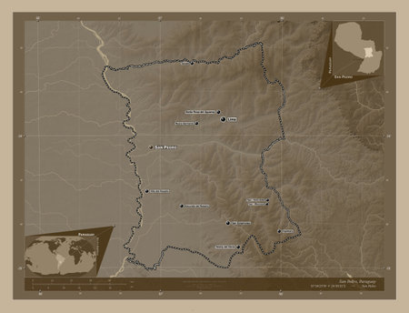 San Pedro, department of Paraguay. Elevation map colored in sepia tones with lakes and rivers. Locations and names of major cities of the region. Corner auxiliary location mapsの写真素材