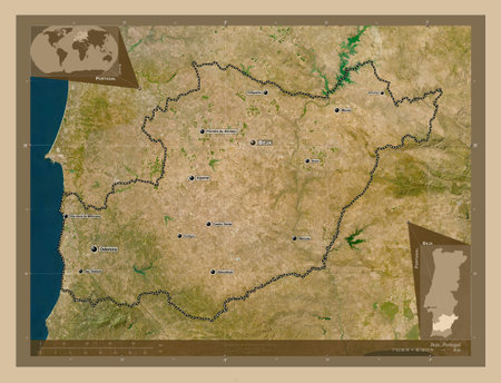 Beja, district of Portugal. Low resolution satellite maps. Locations and names of major cities of...