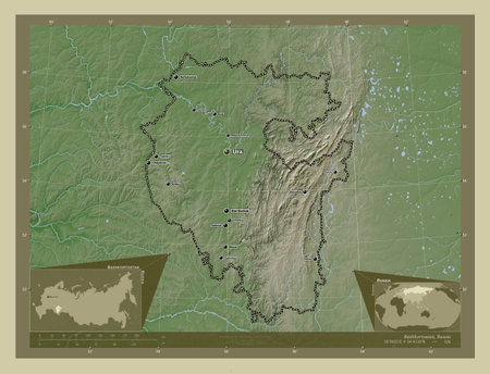 Bashkortostan, republic of Russia. Elevation map colored in wiki style with lakes and rivers....