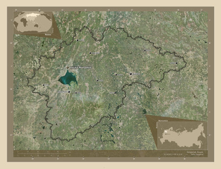 Novgorod, region of Russia. High resolution satellite maps. Locations and names of major cities of...