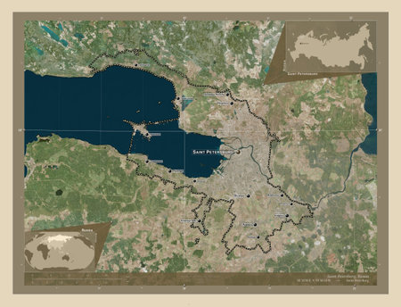Saint Petersburg, city of Russia. High resolution satellite maps. Locations and names of major...