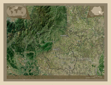 Buzau, county of Romania. High resolution satellite maps. Locations and names of major cities of the region. Corner auxiliary location mapsの写真素材