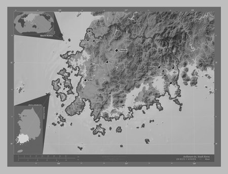 Jeollanam-do, province of South Korea. Grayscale elevation map with lakes and rivers. Locations and names of major cities of the region. Corner auxiliary location mapsの写真素材
