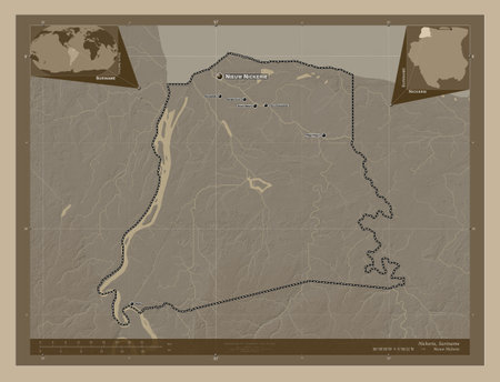 Nickerie, district of Suriname. Elevation map colored in sepia tones with lakes and rivers. Locations and names of major cities of the region. Corner auxiliary location mapsの写真素材