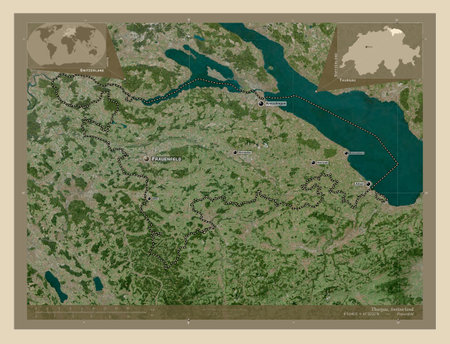 Thurgau, canton of Switzerland. High resolution satellite maps. Locations and names of major cities of the region. Corner auxiliary location mapsの写真素材