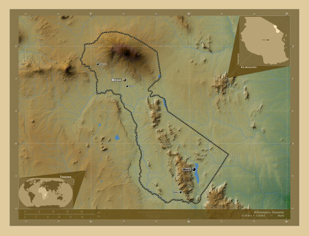 Kilimanjaro, region of Tanzania. Colored elevation map with lakes and rivers. Locations and names of major cities of the region. Corner auxiliary location mapsの写真素材