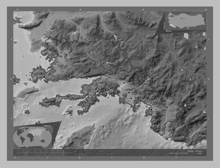 Mugla, province of Turkiye. Grayscale elevation map with lakes and rivers. Locations and names of major cities of the region. Corner auxiliary location mapsの写真素材