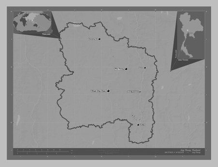 Ang Thong, province of Thailand. Grayscale elevation map with lakes and rivers. Locations and names of major cities of the region. Corner auxiliary location mapsの写真素材
