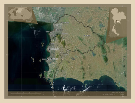 Chon Buri, province of Thailand. High resolution satellite maps. Locations and names of major cities...