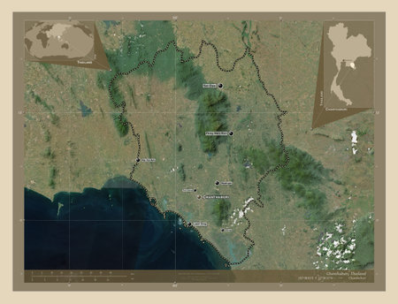 Chanthaburi, province of Thailand. High resolution satellite maps. Locations and names of major...