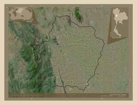 Kamphaeng Phet, province of Thailand. High resolution satellite maps. Locations and names of major...