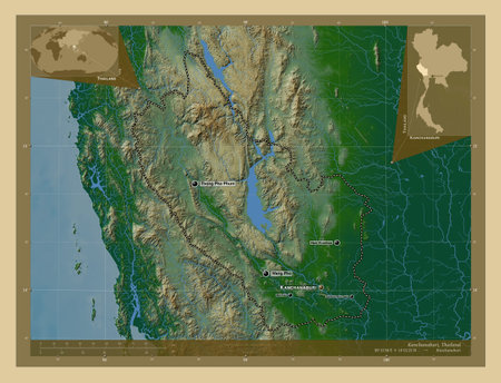 Kanchanaburi, province of Thailand. Colored elevation map with lakes and rivers. Locations and names...