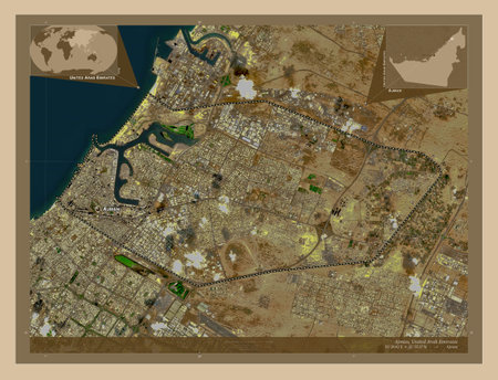 Ajman, emirate of United Arab Emirates. Low resolution satellite maps. Locations and names of major cities of the region. Corner auxiliary location mapsの写真素材