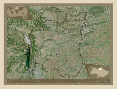 Chernihiv, region of Ukraine. High resolution satellite maps. Locations and names of major cities of the region. Corner auxiliary location mapsの写真素材