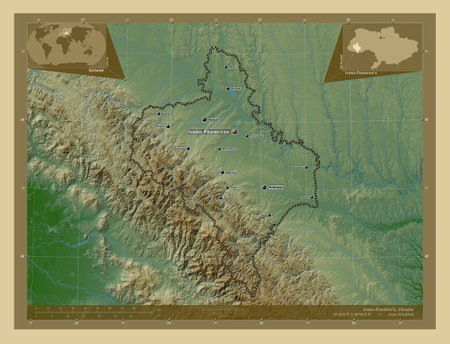 Ivano-Frankivs'k, region of Ukraine. Colored elevation map with lakes and rivers. Locations and names of major cities of the region. Corner auxiliary location mapsの写真素材