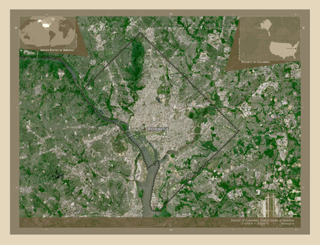District of Columbia, federal district of United States of America. High resolution satellite maps. Locations and names of major cities of the region. Corner auxiliary location mapsの写真素材