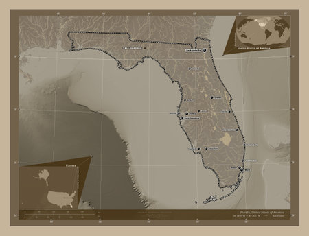 state of United States of America. Elevation map colored in sepia tones with lakes and rivers. Locations and names of major cities of the region. Corner auxiliary location mapsの写真素材