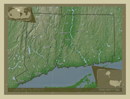 Connecticut, state of United States of America. Elevation map colored in wiki style with lakes and rivers. Locations and names of major cities of the region. Corner auxiliary location mapsの写真素材