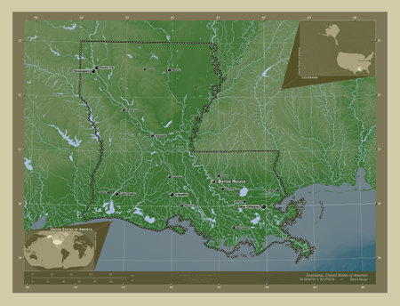 Louisiana, state of United States of America. Elevation map colored in wiki style with lakes and rivers. Locations and names of major cities of the region. Corner auxiliary location mapsの写真素材